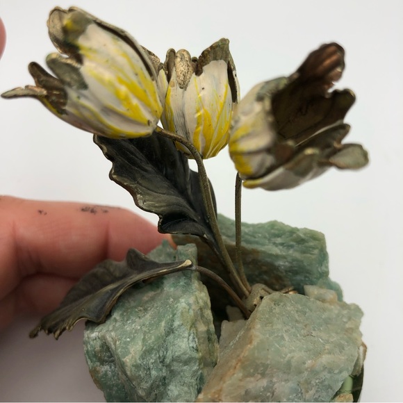 Vtg Art Of Frank Mosse Enameled Tulip Flowers Sculpture On Natural Rock Yellow - Picture 7 of 12